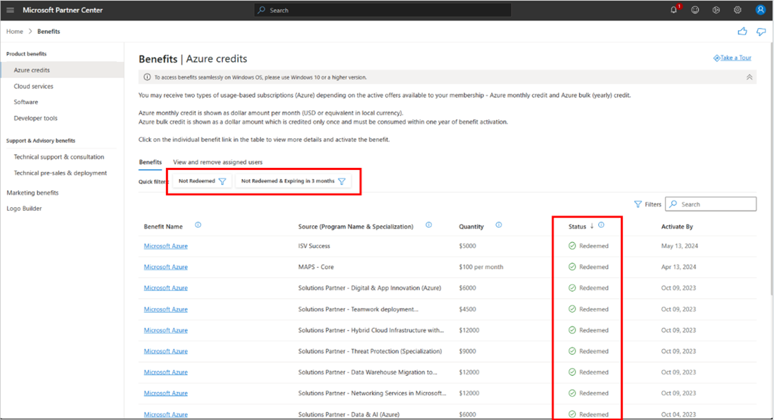 Screen capture of the Benefits: Azure Credits page in Microsoft Partner Center, highlighting the filter feature to sort benefits by status.